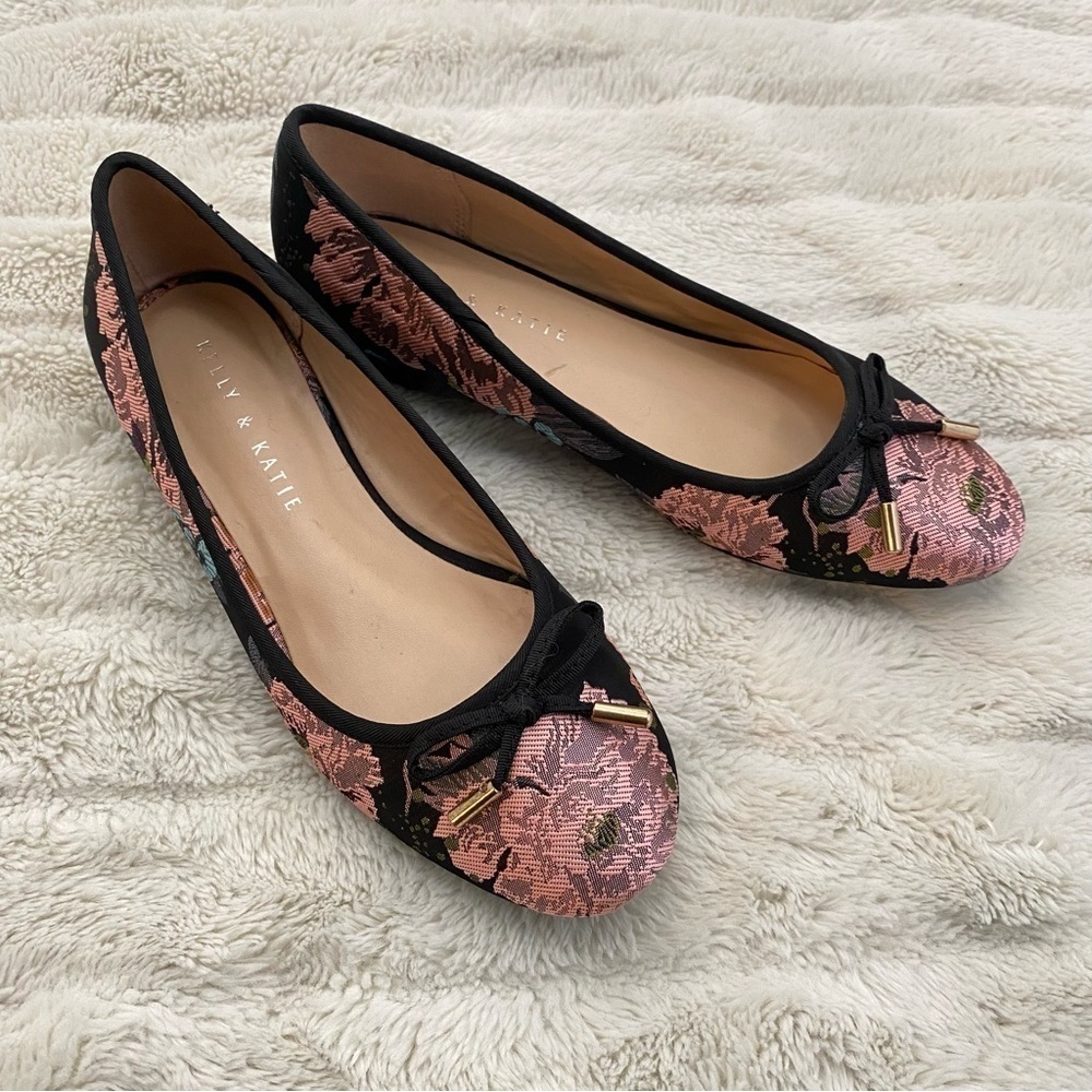 Kelly & Katie Pink and Black Ballet Flats Floral Embroidered Boho Shoes Size 6 - Picture 5 of 12